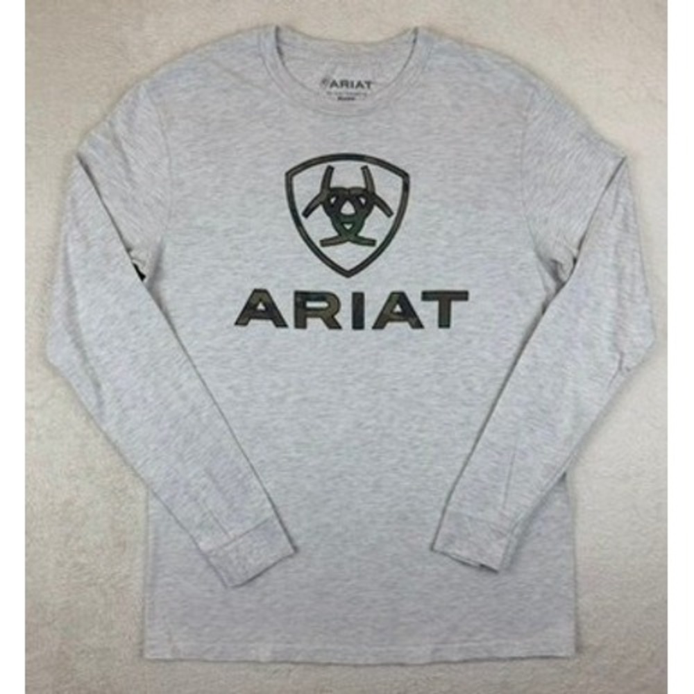 Ariat Buckle Mens Grey Heather Camo Logo Long‎ Sleeve Graphic T-Shirt Medium